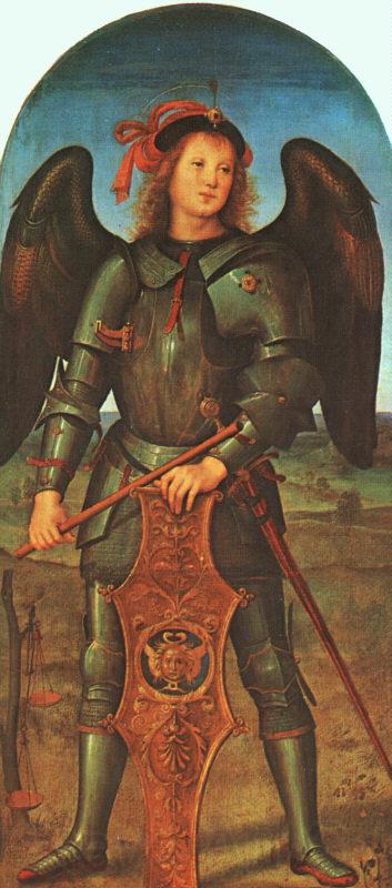 PERUGINO, Pietro St. Michael (Panel of the Polytych of Certosa di Pavia) ag Spain oil painting art